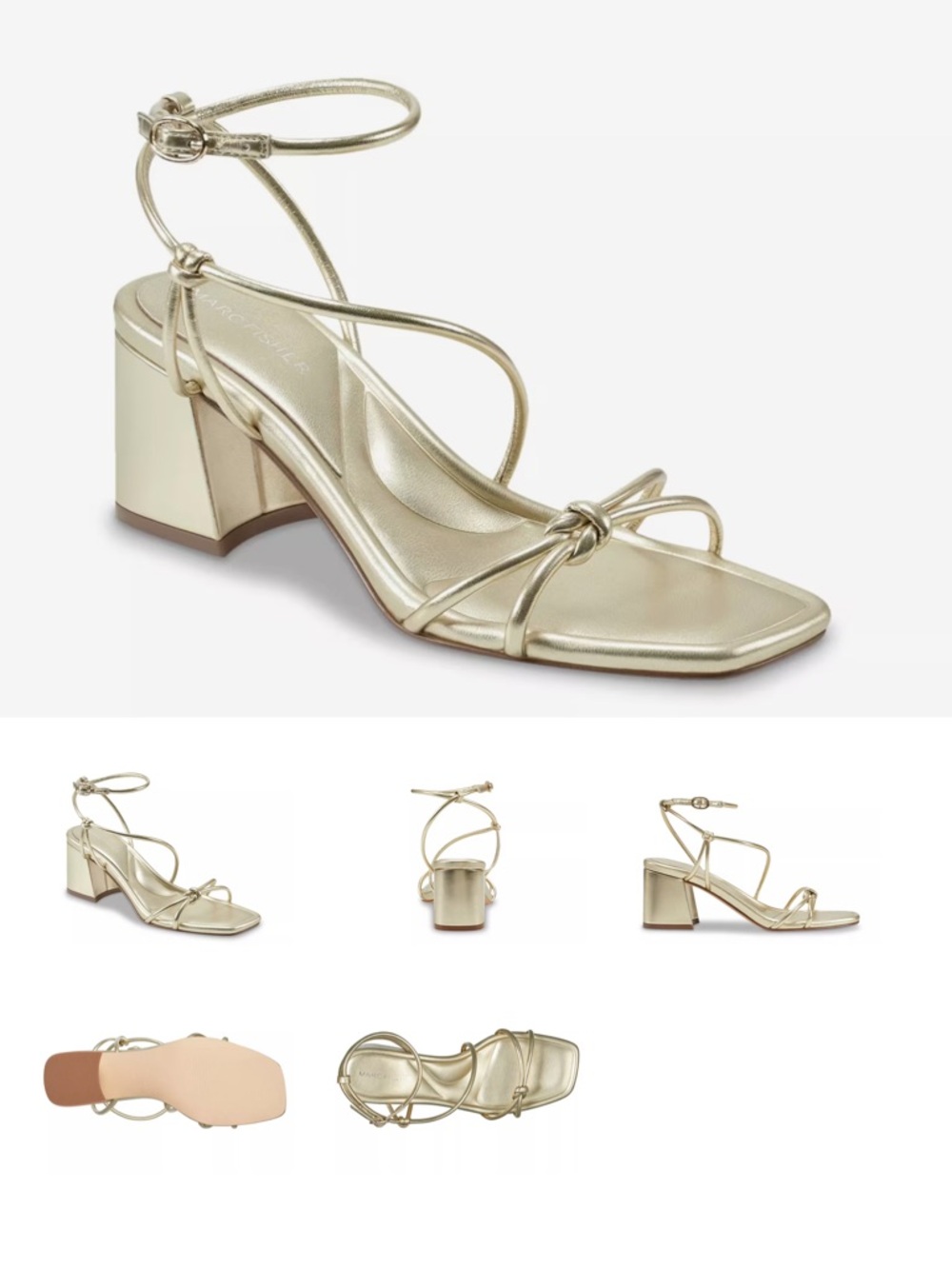 Marc Fisher Metallic Gold Strappy Block Heel Sandal with Wrap Ankle